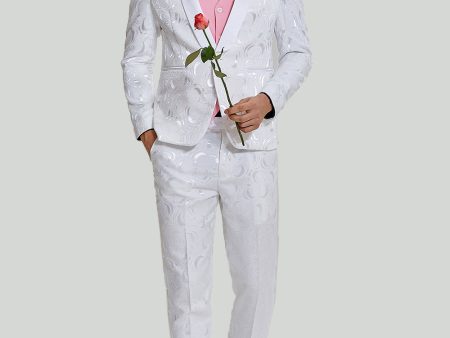 White Jacquard Satin 2 Piece Shawl Lapel Men s Prom Suits For Cheap