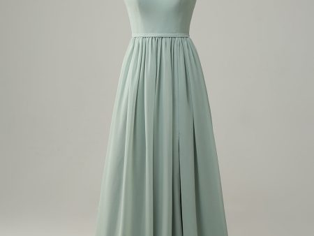 A Line Dusty Sage Ruffles Bridesmaid Dress on Sale