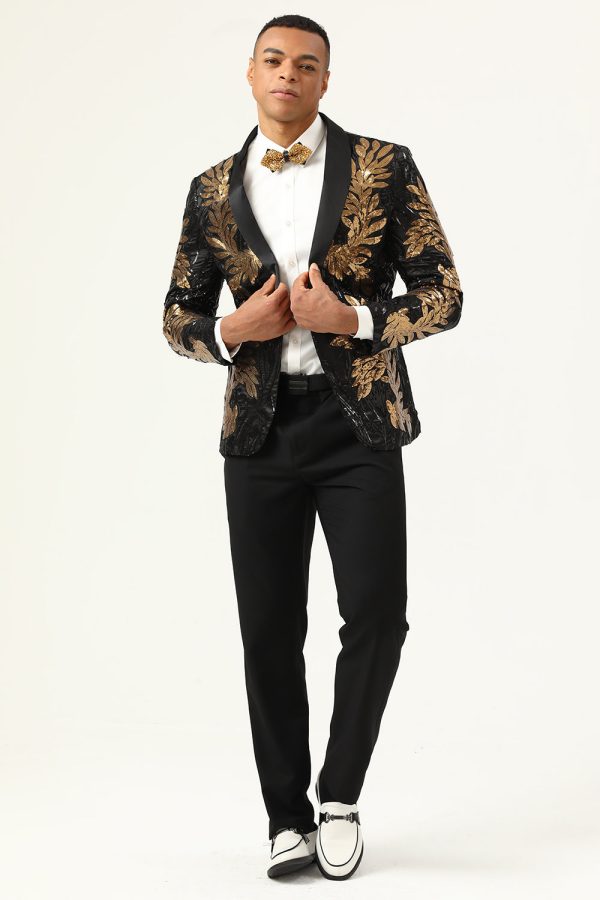 2 Piece Black and Gold Jacquard Sequins Men s Prom Suits For Sale