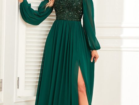 A-Line Dark Green Sequins Prom Dress with Sleeves For Cheap