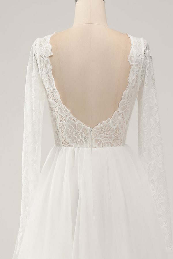 Elegant Ivory A Line Backless Long Sleeves Wedding Dress with Lace Online