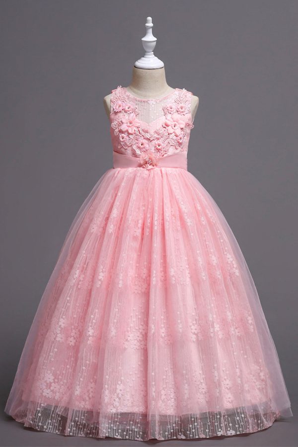 Pink Round Neck Girls Dresses With 3D Flowers Online Sale