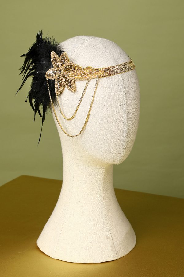 1920s Black and Gold Feather Beaded Headband Online Sale