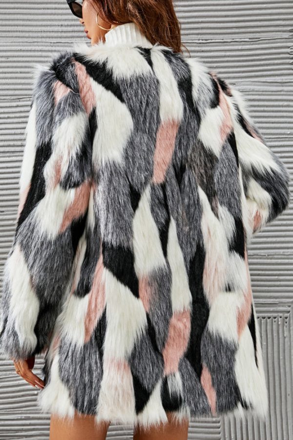 White and Pink Shawl Lapel Midi Faux Fur Shearling Coat Hot on Sale