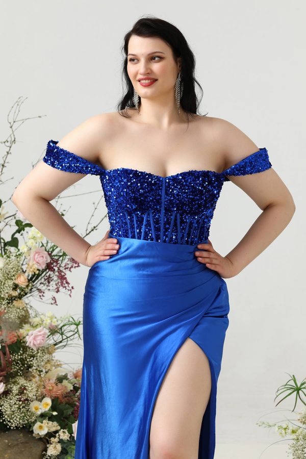 Sheath Off the Shoulder Royal Blue Plus Size Formal Dress with Split Front Fashion