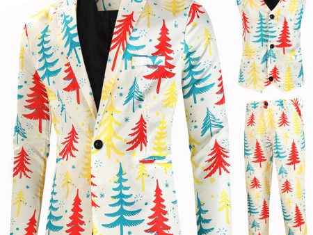 White Christmas Tree Printed 3 Piece Men s Suits on Sale