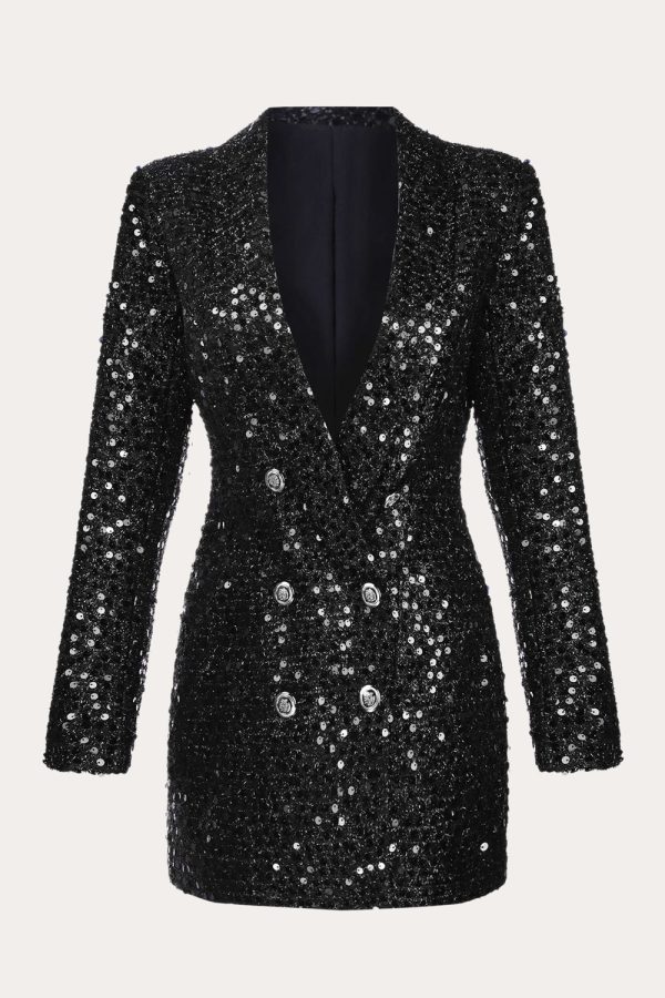 Sparkly Black Sequins Double Breasted Women Blazer For Cheap