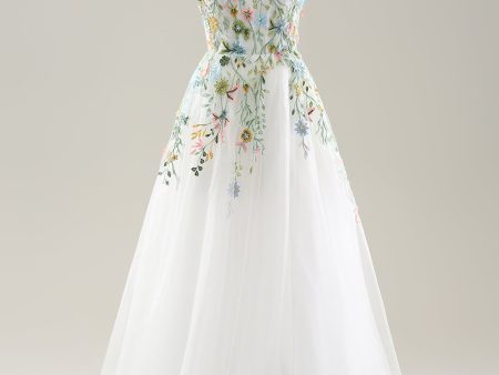 White A Line Strapless 3D Flowers Tulle Wedding Dress with Slit Online Sale