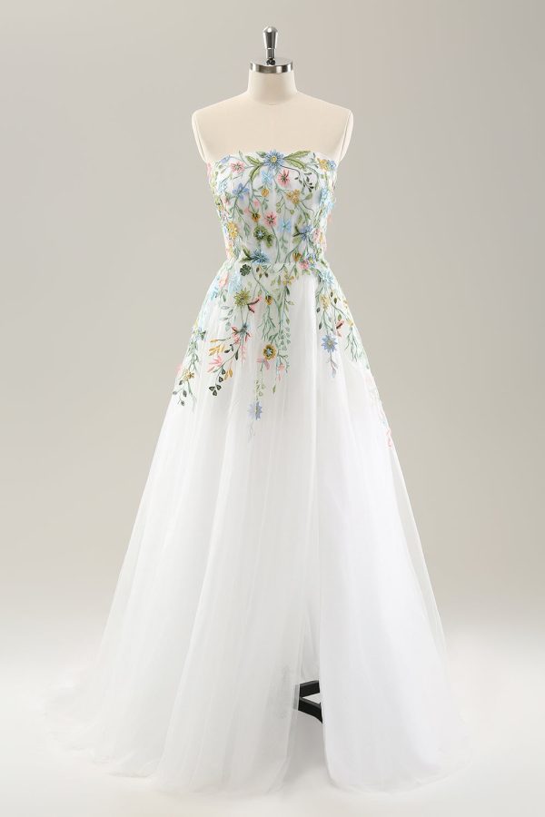 White A Line Strapless 3D Flowers Tulle Wedding Dress with Slit Online Sale