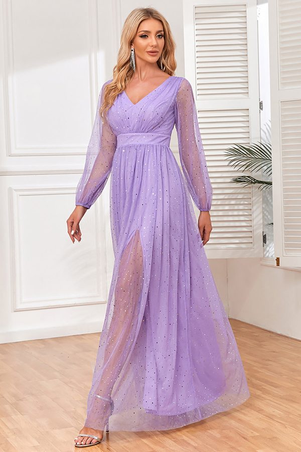 A-Line Long Sleeves Lilac Formal Dress with Slit Cheap