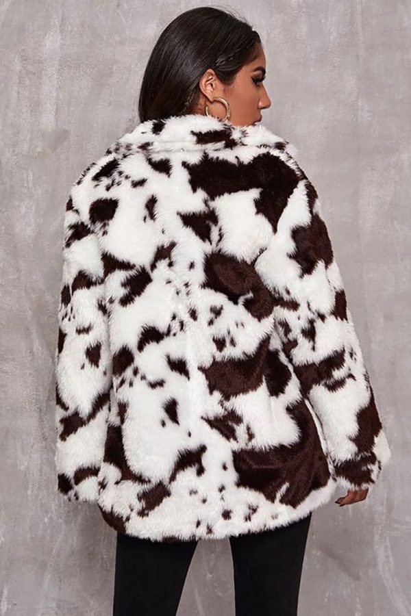 White Cow Pattern Midi Faux Fur Shearling Coat on Sale