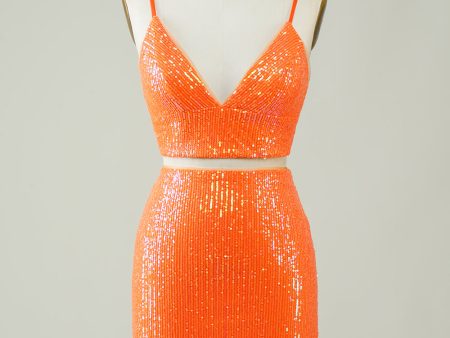 Two Piece Orange Sequins Tight Homecoming Dress on Sale