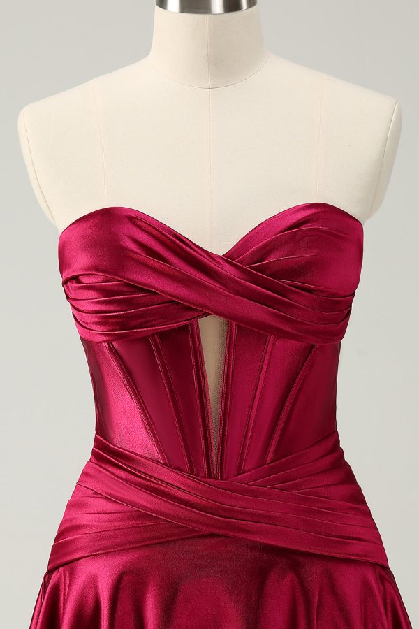 Burgundy A Line Sweetheart Strapless Keyhole Satin Homecoming Dress Hot on Sale