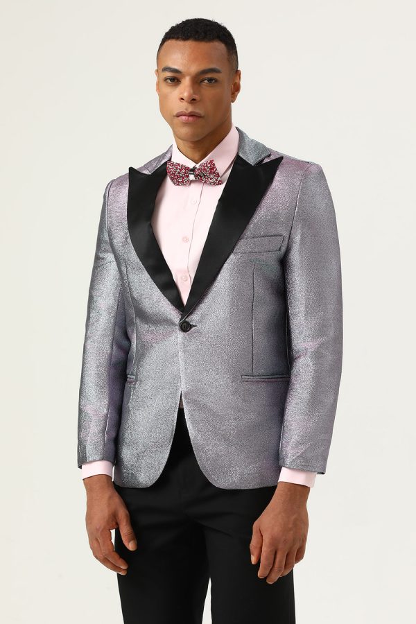 Glitter Grey Peak Lapel Men s Prom Blazer For Discount