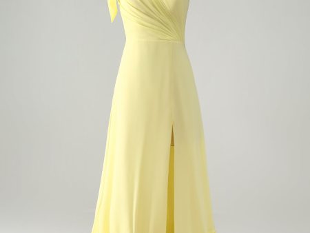 A Line One Shoulder Yellow Long Wedding Guest Dress with Slit Online now