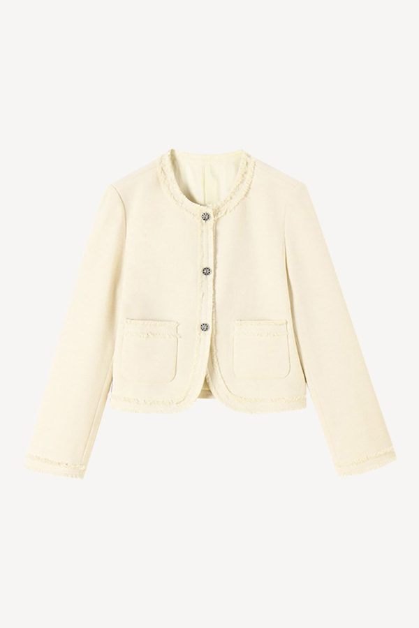 OffWhite Tweed Cropped Fringed Women Jacket For Cheap