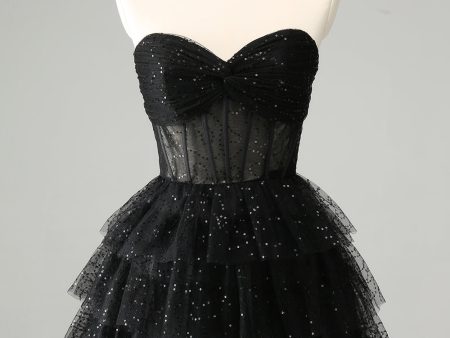 Sparkly A Line Black Sweetheart Tiered Corset Cute Homecoming Dress For Sale