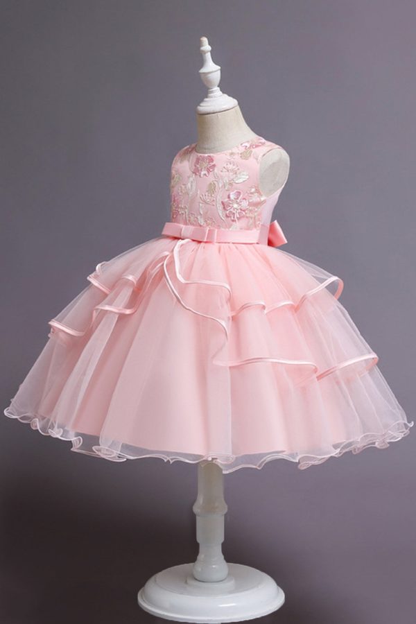 Pink A Line Appliques Sleeveless Round Neck Girls Dresses Online Hot Sale