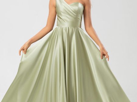 One Shoulder Satin Green Bridesmaid Dress with Pockets Online Sale