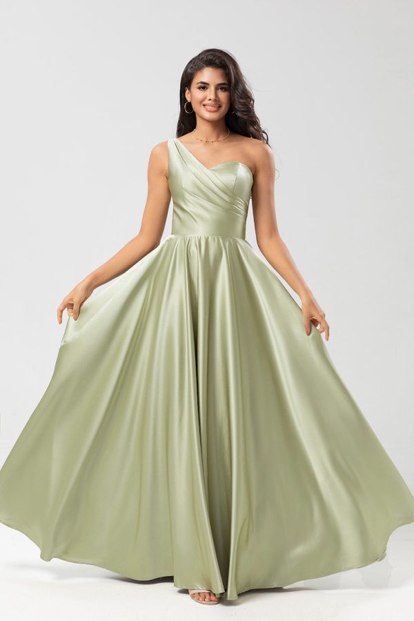 One Shoulder Satin Green Bridesmaid Dress with Pockets Online Sale