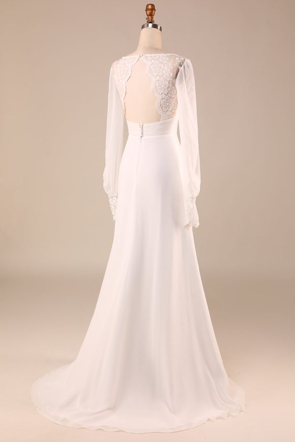 Ivory Long Sleeves Boho Chiffon Open Back Wedding Dress on Sale