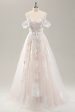 White A Line Off the Shoulder Tulle Wedding Dress with Applique Lace Discount