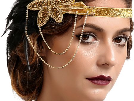 1920s Black and Gold Feather Beaded Headband Online Sale