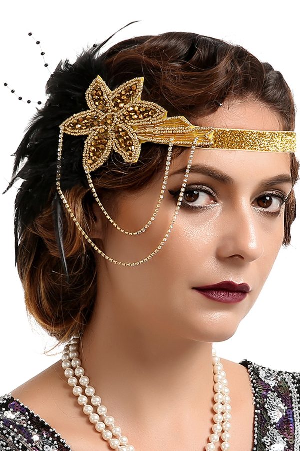 1920s Black and Gold Feather Beaded Headband Online Sale