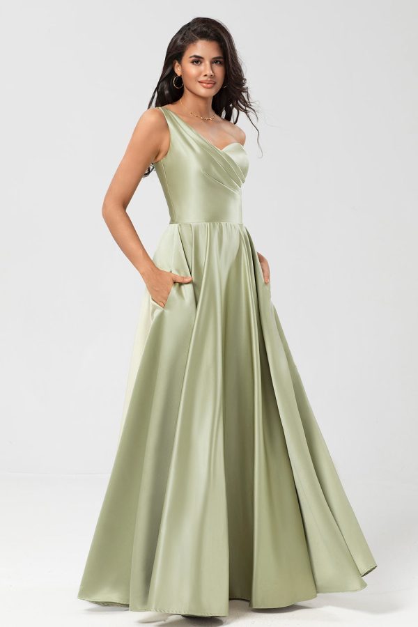 One Shoulder Satin Green Bridesmaid Dress with Pockets Online Sale