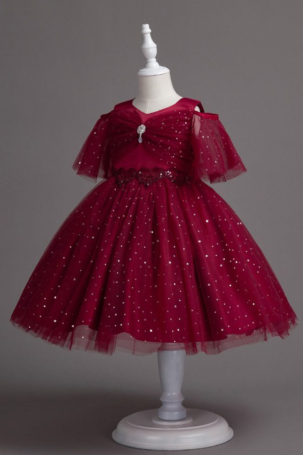 A Line Off the Shoulder Burgundy Tulle Girl Dress Discount