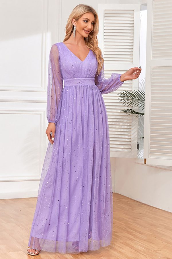 A-Line Long Sleeves Lilac Formal Dress with Slit Cheap