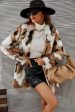 White and Brown Shawl Lapel Midi Faux Fur Shearling Coat Cheap