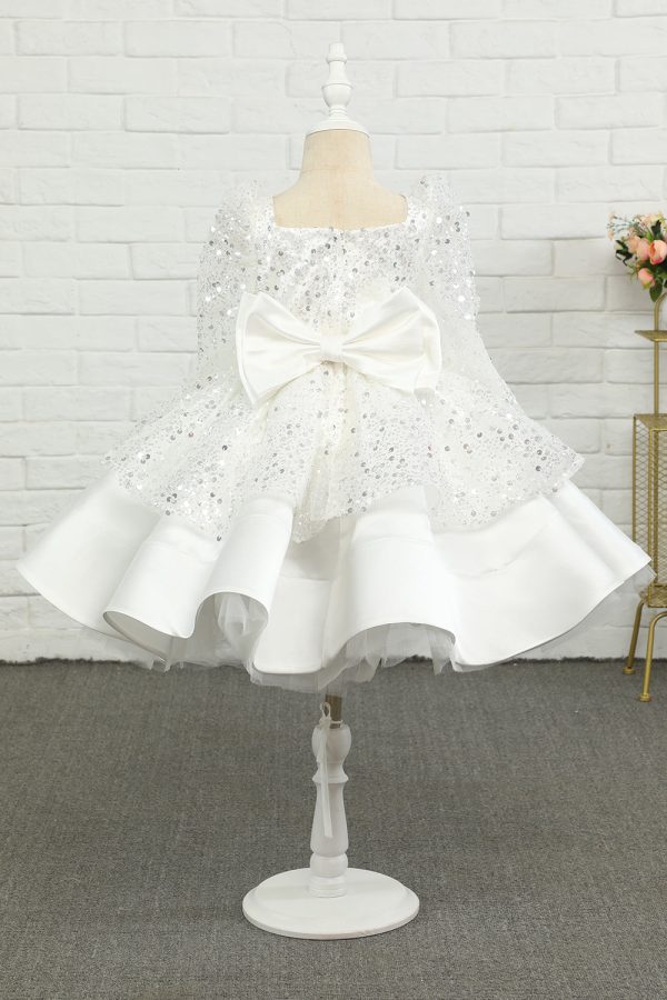 Ivory Sequins Flower Girl Dress with Bow For Discount