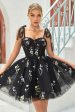 A Line Spaghetti Straps Black Short Homecoming Dress with Appliques Online Sale