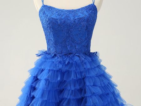 Blue A Line Spaghetti Straps Tulle Cute Homecoming Dress with Ruffles Sale