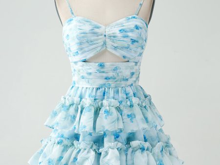 A-Line Spaghetti Straps Tiered Blue Floral Short Homecoming Dress Cheap