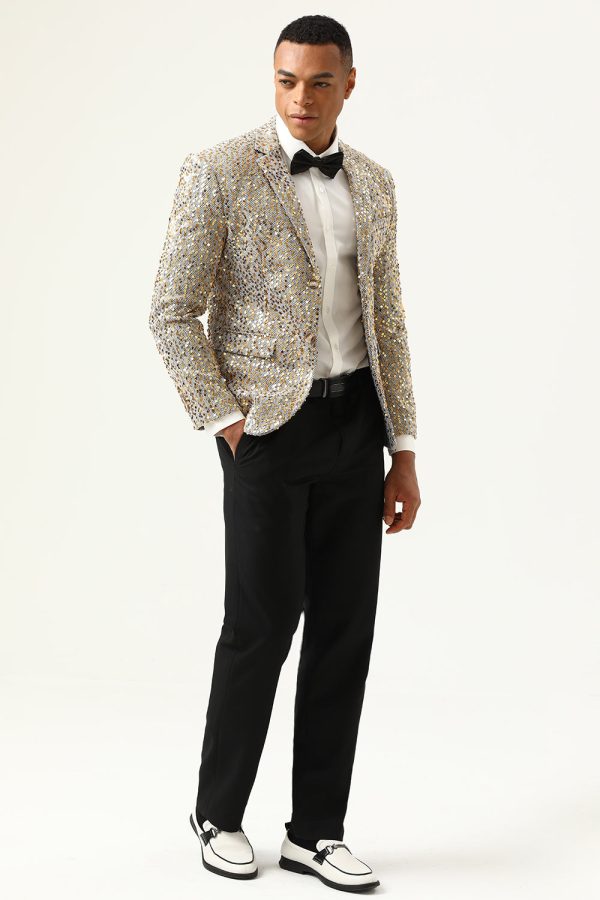 Sparkly Champagne Sequins Notched Lapel Men s Prom Blazer Discount