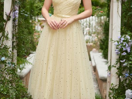 Yellow Spaghetti Straps Tea Length Prom Dress For Sale