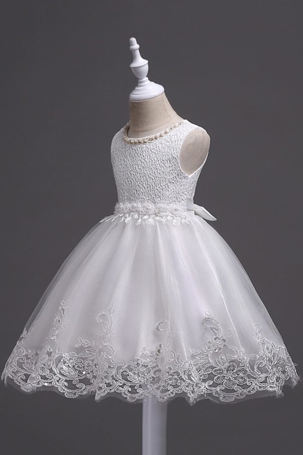 White Round Neck Beading A Line Girls Dresses Discount