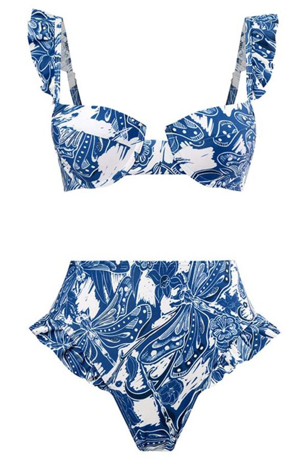 3 Piece Blue Printed Bikini Set Tie Beach Dress For Sale