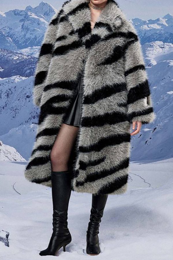 Dark Grey Zebra Pattern Imitation Oversized Long Faux Fur Shearling Coat Supply