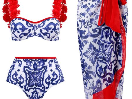 3 Piece Blue and White Porcelain Printing Swimwear Set with Beach Dress For Sale