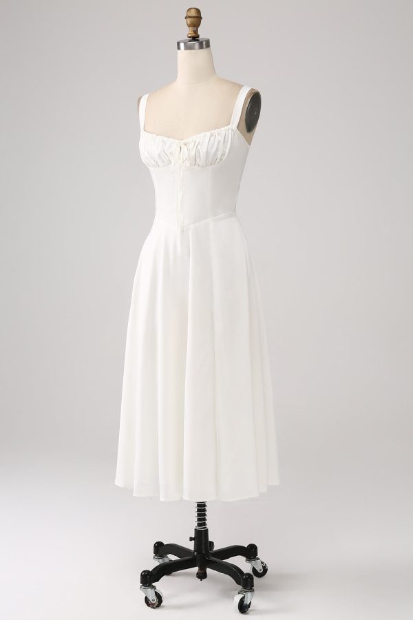 White Midi Graduation Dress with Lace-up Back Fashion