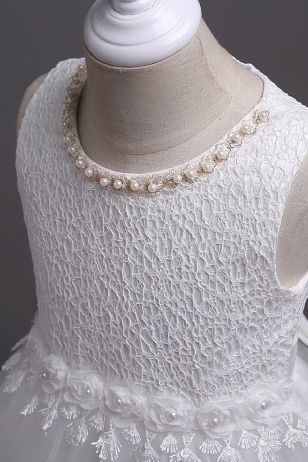 White Round Neck Beading A Line Girls Dresses Discount