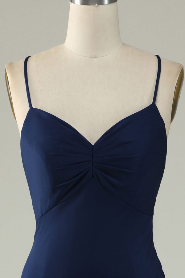 Mermaid Spaghetti Straps Navy Plus Size Formal Dress with Split Front Discount