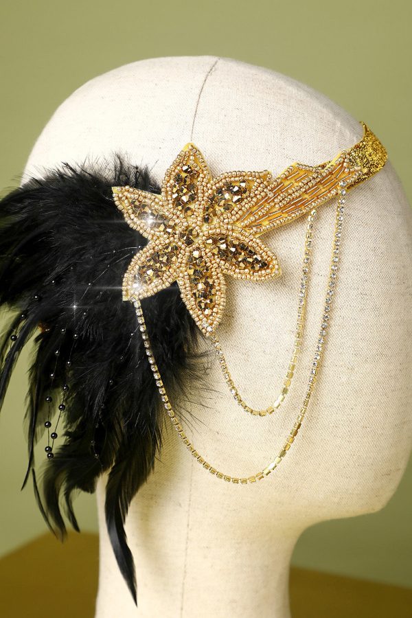 1920s Black and Gold Feather Beaded Headband Online Sale