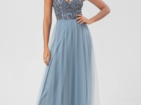 Chic Romantic A Line Spaghetti Straps Dusty Blue Long Bridesmaid Dress with Beading Online