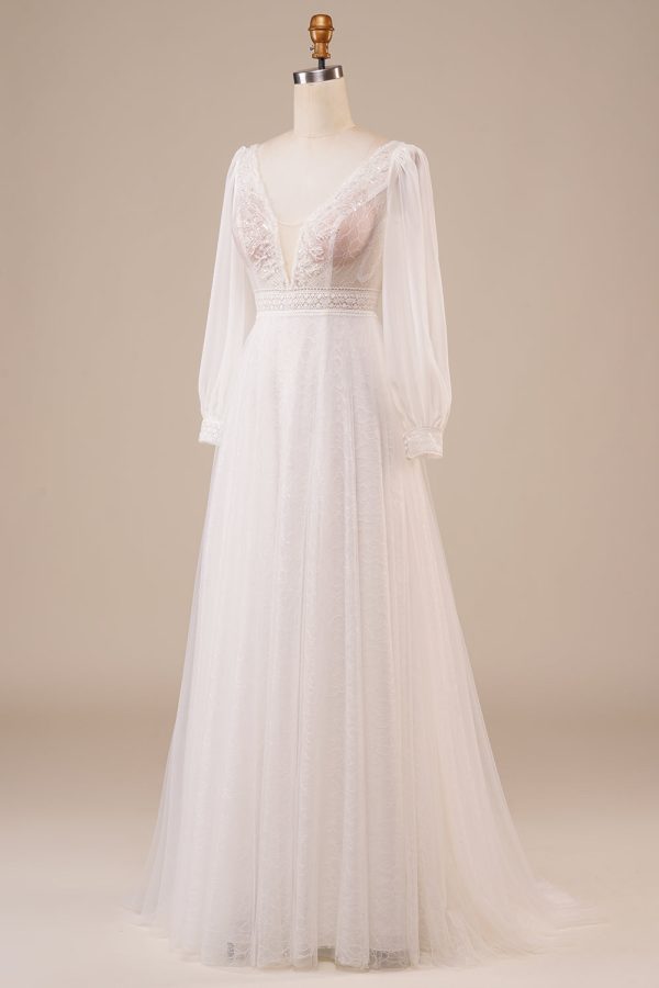 A-Line Tulle Beaded Ivory Wedding Dress with Sleeves Online now