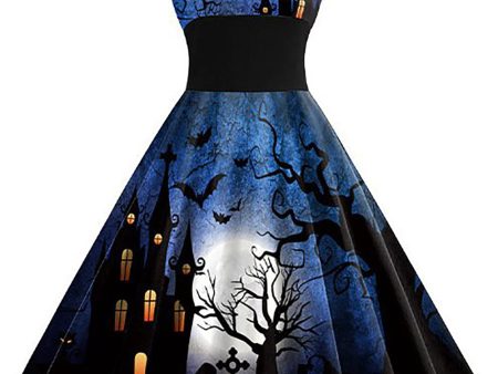 Halloween Printed Halter Blue Vintage Dress Online now