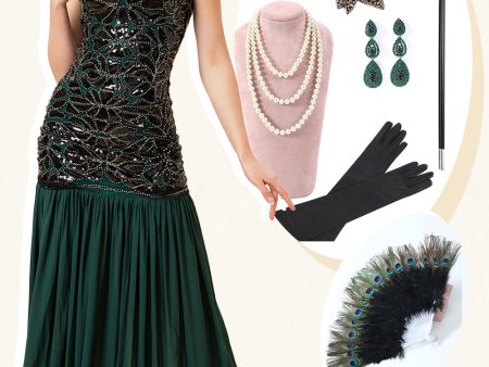 Green Beading Long Flapper Dress with 1920s Accessories Set Supply